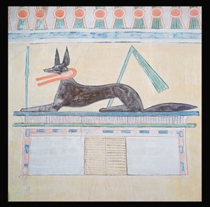 Anubis, egyptisk gud for de døde, liggende på toppen af en sarkofag, vægmaleri i Valley Temple of the Pyramid of Menkaure, Old Kingdom, c.2613-2494 BC (vægmaleri)